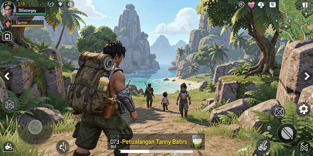 Screenshot gameplay D73 menampilkan dunia terbuka yang luas dan indah.