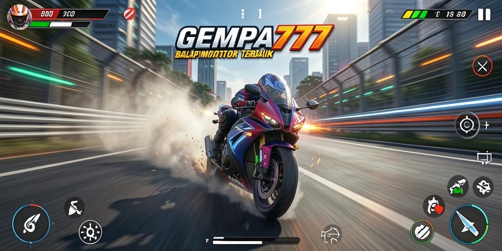 Tampilan gameplay seru dari GEMPA777 dengan balapan motor yang mendebarkan.
