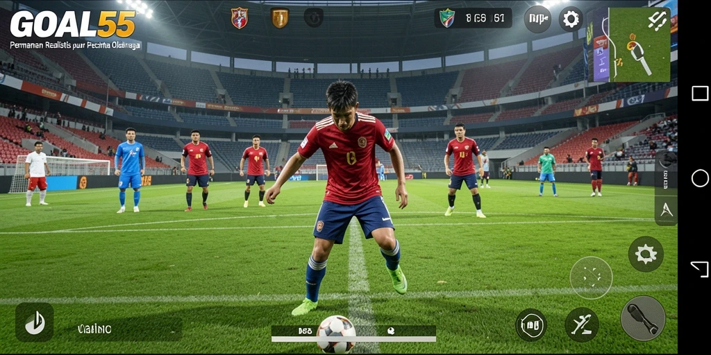 Screenshot permainan GOAL55 menampilkan aksi seru di lapangan.