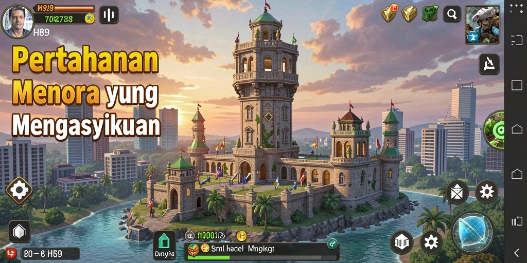 Tampilan menara yang bercahaya dalam pertempuran Tower Defense.