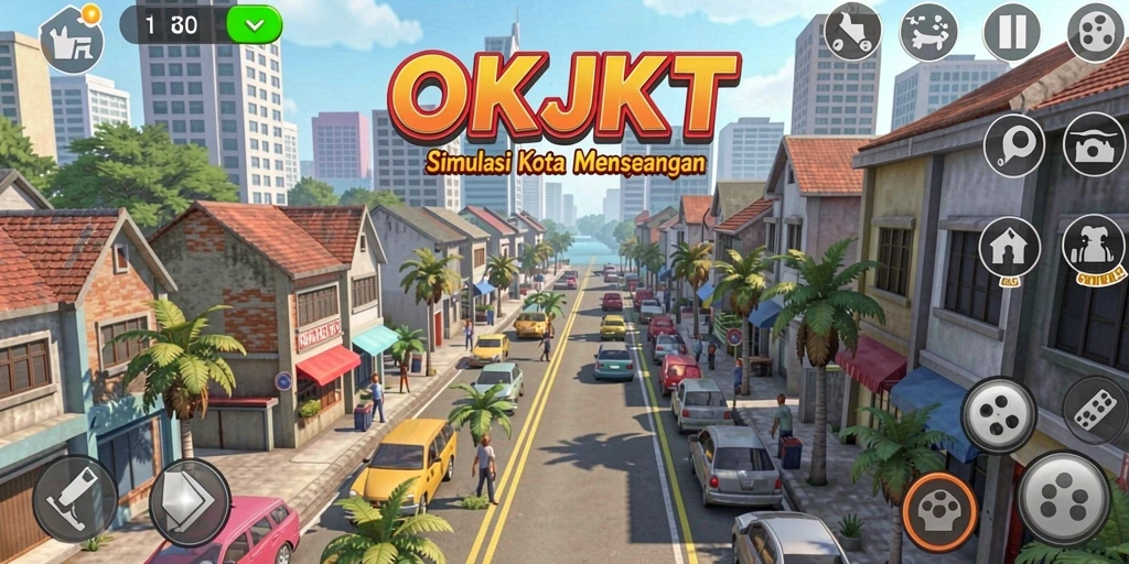 Tangkapan layar utama OKJKT menampilkan gameplay simulasi yang seru.