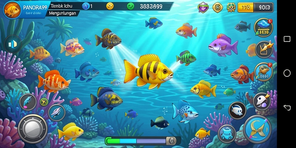 Gameplay PANDORA99 yang penuh warna dengan ikan dan senjata.