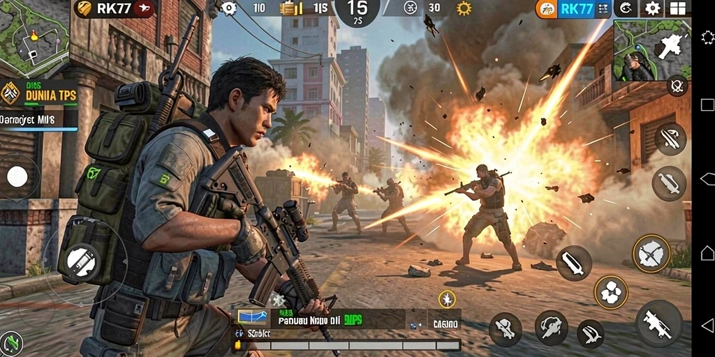 Gameplay RK77 yang intens dan mendebarkan dalam pertarungan yang seru.