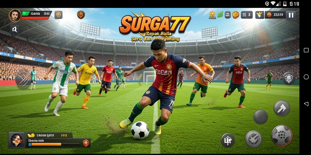 Tangkapan layar gameplay <strong>SURGA77</strong> dengan aksi sepak bola yang mendebarkan.