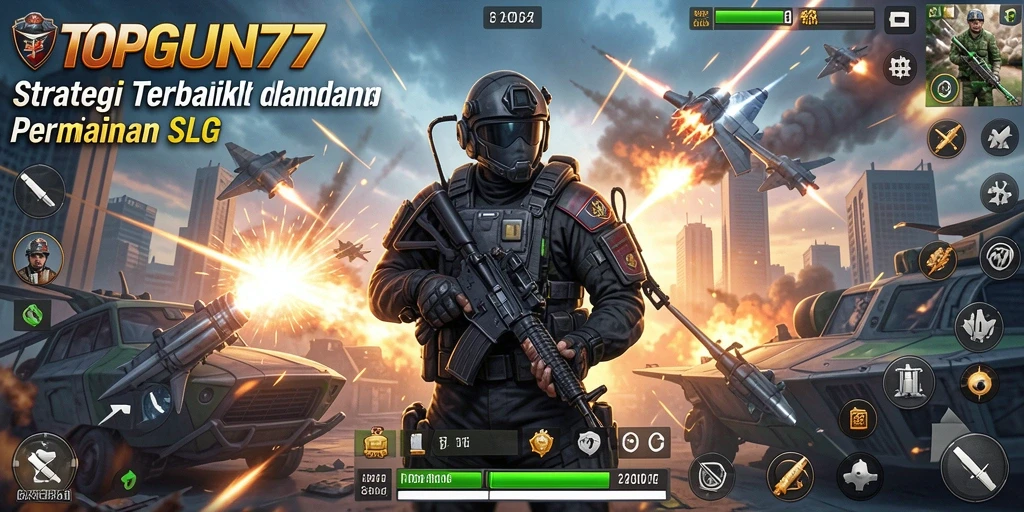 Tangkapan layar gameplay TOPGUN77 yang menampilkan pertempuran epik dan pembangunan strategi.