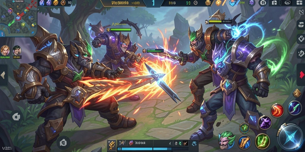 Tampilan aksi hebat dalam V21 dengan pertarungan hero MOBA.